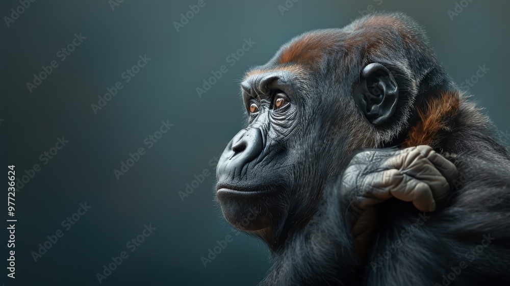 Close-up portrait of gorilla with fur collar and wise eyes. Close-up portrait of gorilla with fur collar and wise eyes.