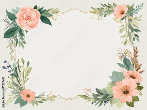 A blank wedding invitation adorned with a watercolor floral frame