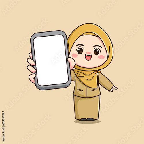 cute hijab teacher character carrying a smartphone ver2 photo