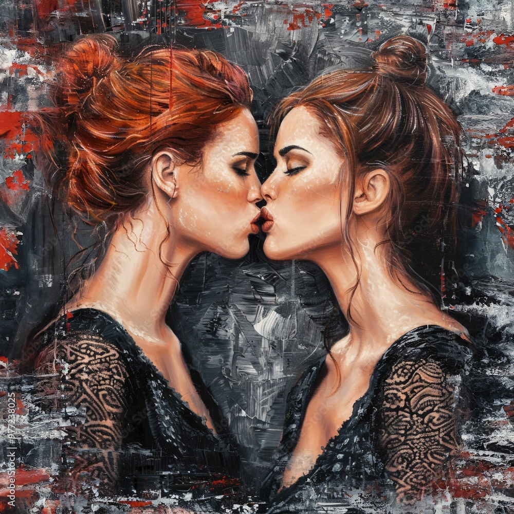 Obraz premium A Painting Of Two Women Kissing, a high resolution AI illustration