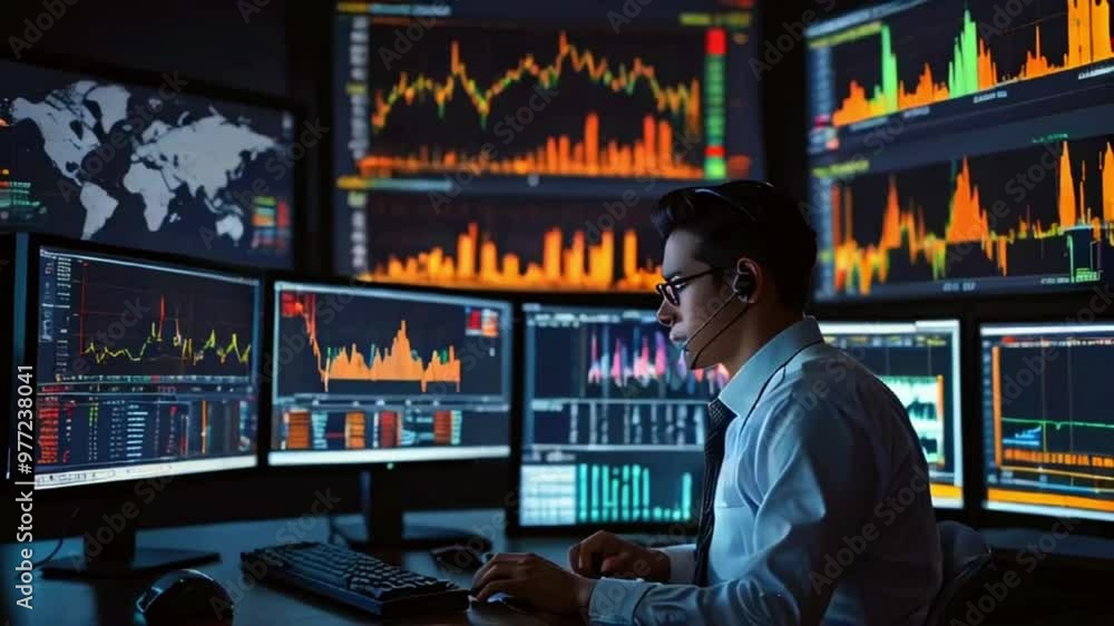 A man in a white shirt and glasses working on a computer with multiple monitors displaying financial data charts. A man in a white shirt and glasses working on a computer with multiple monitors displaying financial data charts.