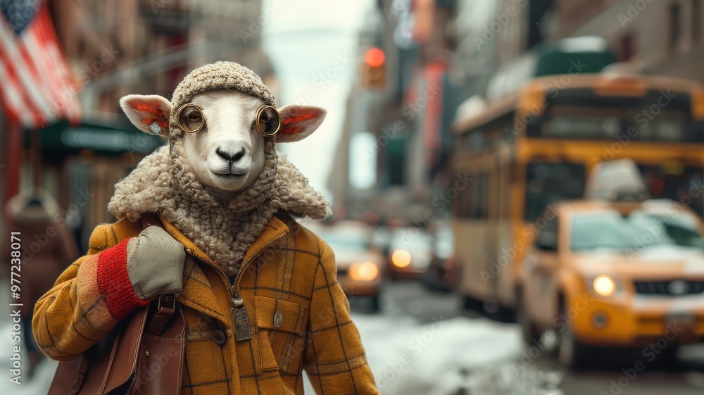 Photorealistic sheep in three-piece suit walking through city. Photorealistic sheep in three-piece suit walking through city.