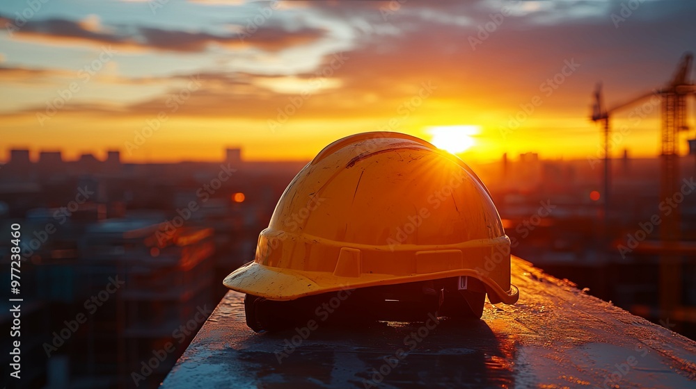 Yellow Hard Hat at Sunset on Construction Site Yellow Hard Hat at Sunset on Construction Site