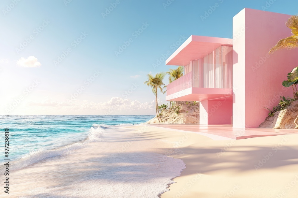 Obraz premium Pink Modern House on a Sandy Beach with Palm Trees and a Blue Ocean
