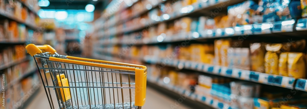 Digital illustration of a shopping cart on a blurred background with shelves, symbolizing the concept of online grocery shopping. The yellow and blue color scheme adds vibrancy to create an attractive Digital illustration of a shopping cart on a blurred background with shelves, symbolizing the concept of online grocery shopping. The yellow and blue color scheme adds vibrancy to create an attractive