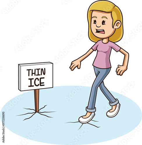 Cartoon walking on thin ice popular saying vector illustration
