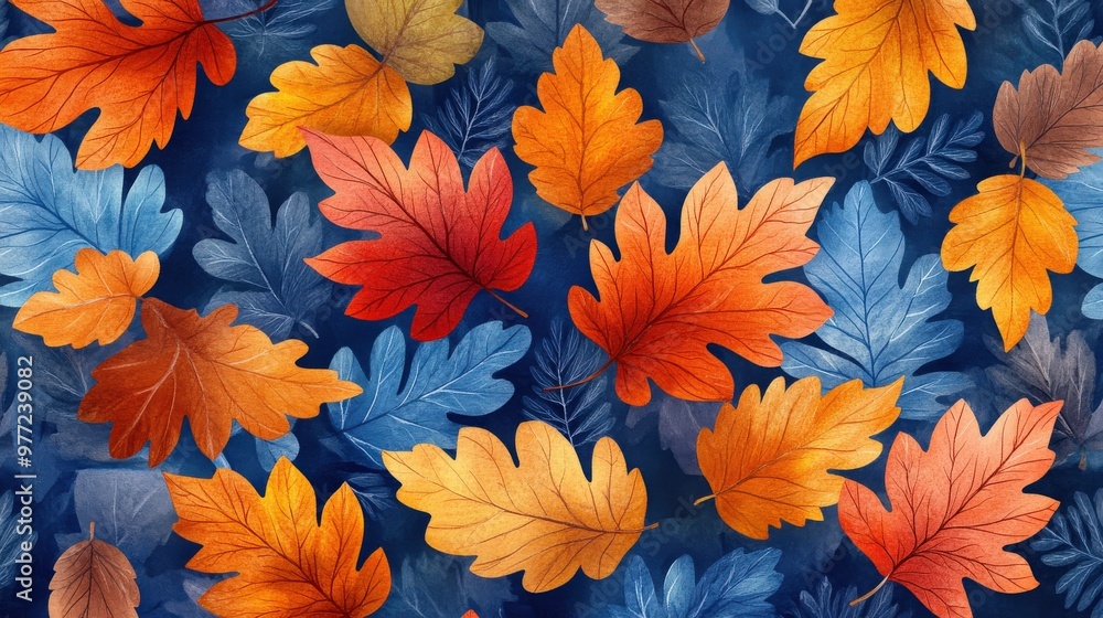 Vibrant Autumn Leaves in Orange and Blue Tones Watercolor Background Vibrant Autumn Leaves in Orange and Blue Tones Watercolor Background
