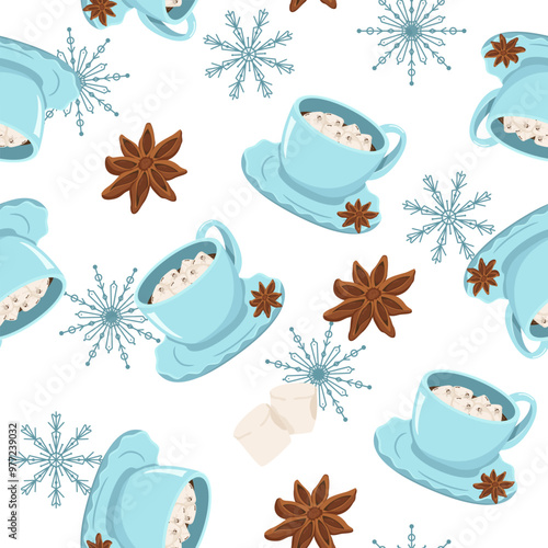 Vector seamless pattern with a cup of winter drink. Image of hot chocolate with marshmallow and anise with cinnamon. Illustration for wallpaper and packaging for New Year and Christmas.