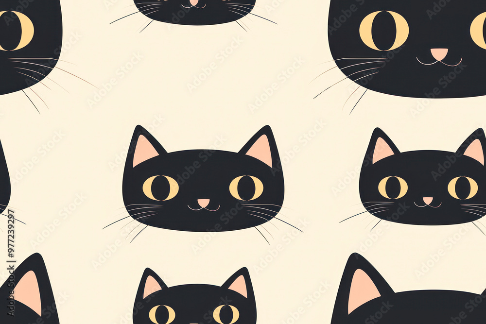 Cute black cat face with big eyes pattern background. Cute black cat face with big eyes pattern background.