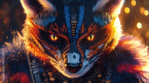 Close-up of an exotic creature with bold, colorful fur, glowing eyes, and striking geometric patterns, highlighted by radiant light.