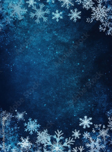 Snowflakes border a dark blue background with central empty space, used for winter designs or holiday greetings.