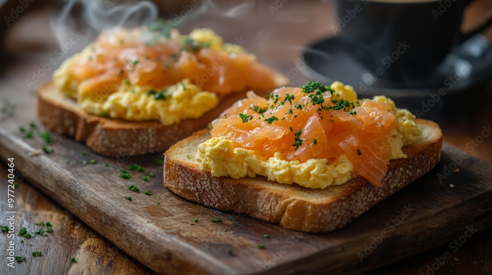 A cozy breakfast scene featuring two slices of toasted bread topped with scrambled eggs and smoked salmon, with a cup of coffee steaming in the background. A cozy breakfast scene featuring two slices of toasted bread topped with scrambled eggs and smoked salmon, with a cup of coffee steaming in the background.