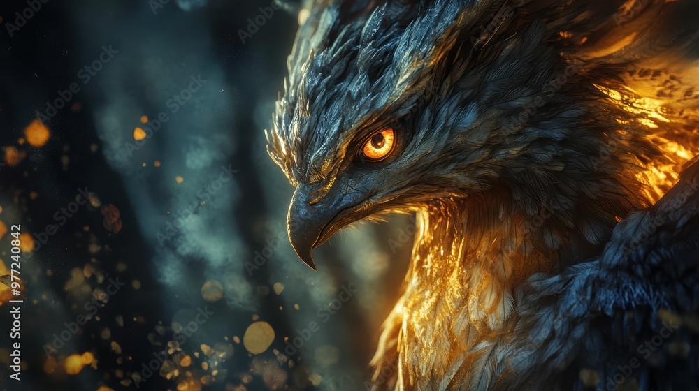 Fairy tale creature with griffin-like features, glowing eyes, and shimmering feathers, close-up of detailed mythical textures. Fairy tale creature with griffin-like features, glowing eyes, and shimmering feathers, close-up of detailed mythical textures.