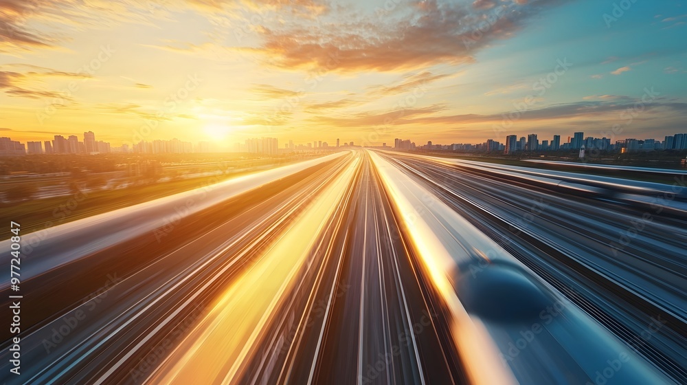 Obraz premium Cross-Country Hyperloop System at Dramatic Sunrise,Futuristic Transportation Pods Speeding Towards