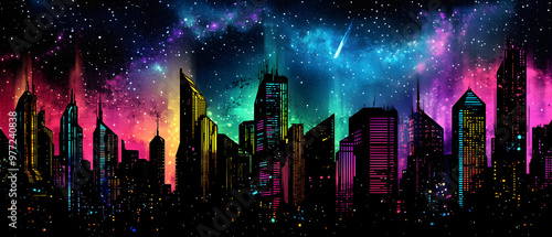 Futuristic cityscape with towering skyscrapers and vibrant neon lights against a starry night sky, featuring advanced architectural designs and dynamic lighting effects. 