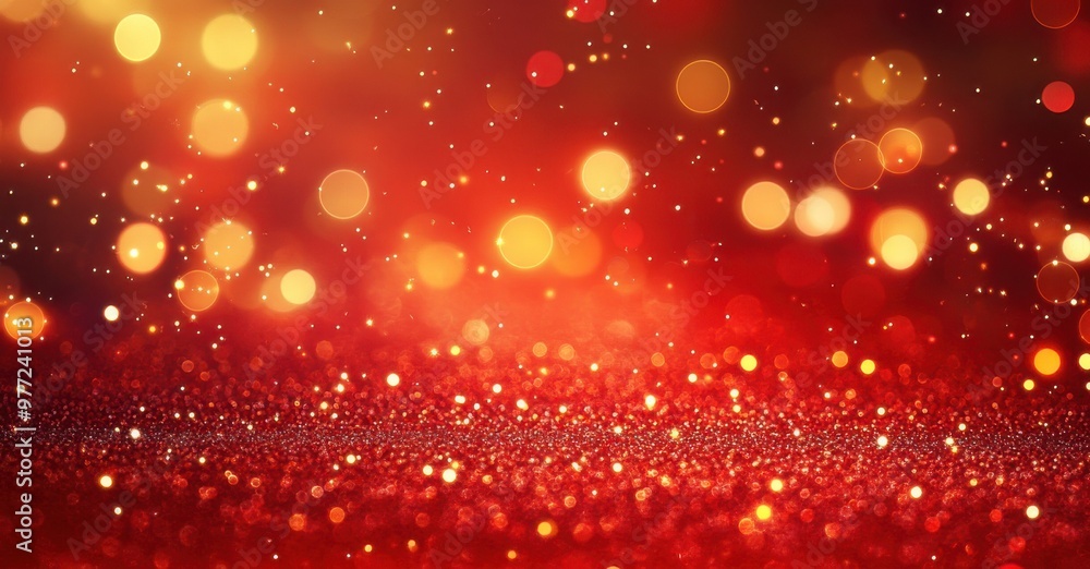 Golden glitter bokeh on red background, used for christmas messages, designs or promotions. Golden glitter bokeh on red background, used for christmas messages, designs or promotions.
