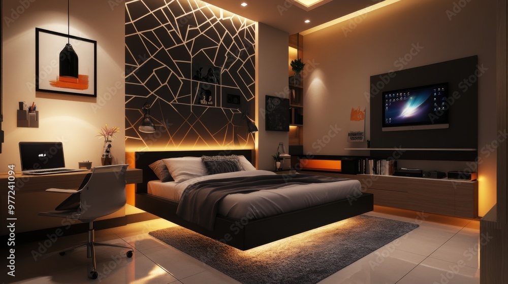 A contemporary bedroom with a clean, modern aesthetic, featuring a floating bed, geometric patterns on the walls, and a sleek desk with a laptop and desk lamp.