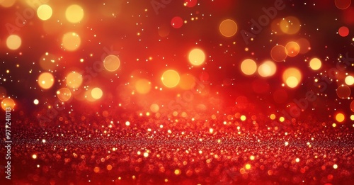 Golden glitter bokeh on red background, used for christmas messages, designs or promotions.