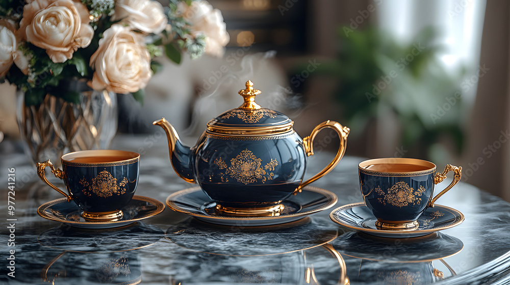 Elegant blue and gold tea set on a marble table, perfect for an afternoon tea setting with flowers in the background. Elegant blue and gold tea set on a marble table, perfect for an afternoon tea setting with flowers in the background.