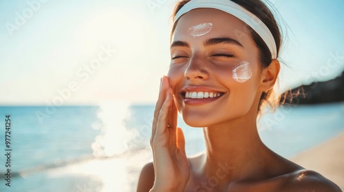 A woman applying sunscreen to her face while standing at the beach, her skin glowing under the protection of the product