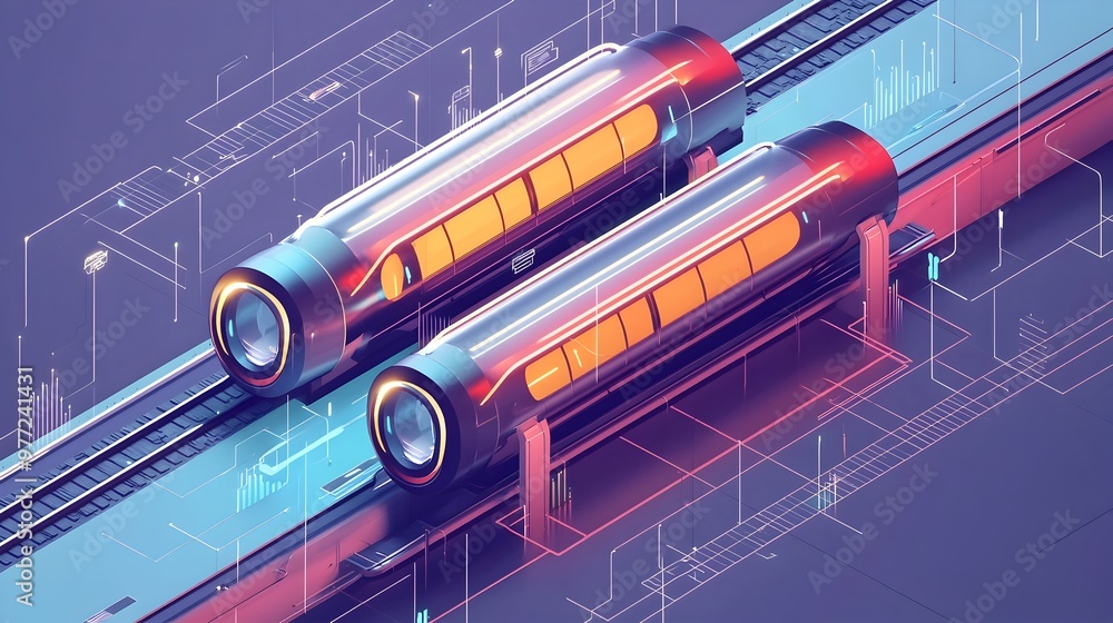 Hyperloop Transportation Network Isometric Diagram with Multiple Routes and Stations Hyperloop Transportation Network Isometric Diagram with Multiple Routes and Stations