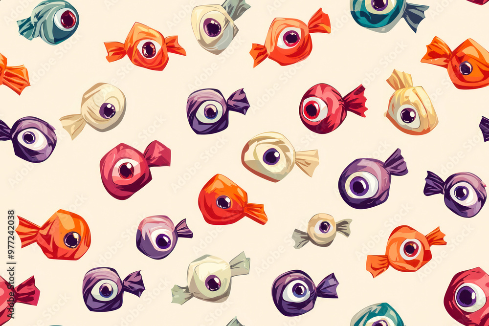 Pattern of rows of halloween candy with eyeball wrapping against beige background. Pattern of rows of halloween candy with eyeball wrapping against beige background.