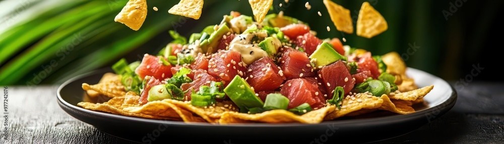 Delicious nachos topped with fresh ingredients, perfect for sharing at parties or enjoying a casual meal. Delicious nachos topped with fresh ingredients, perfect for sharing at parties or enjoying a casual meal.