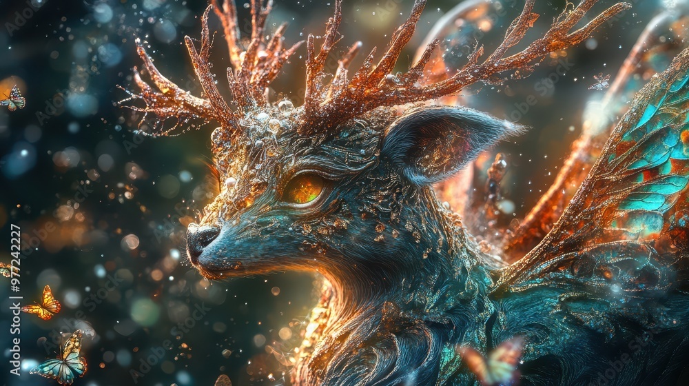 Fantasy creature with shimmering fur, glowing antlers, and butterfly-like wings, close-up of intricate magical details, whimsical design. Fantasy creature with shimmering fur, glowing antlers, and butterfly-like wings, close-up of intricate magical details, whimsical design.