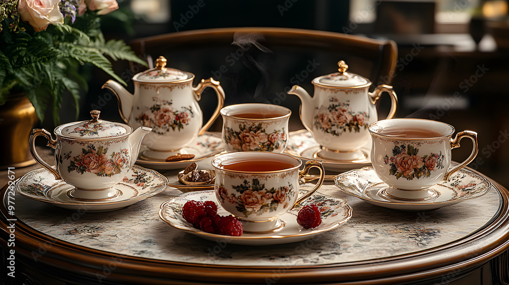 Elegant tea set displayed with steaming tea and fresh raspberries, perfect for afternoon tea in a cozy setting. Elegant tea set displayed with steaming tea and fresh raspberries, perfect for afternoon tea in a cozy setting.