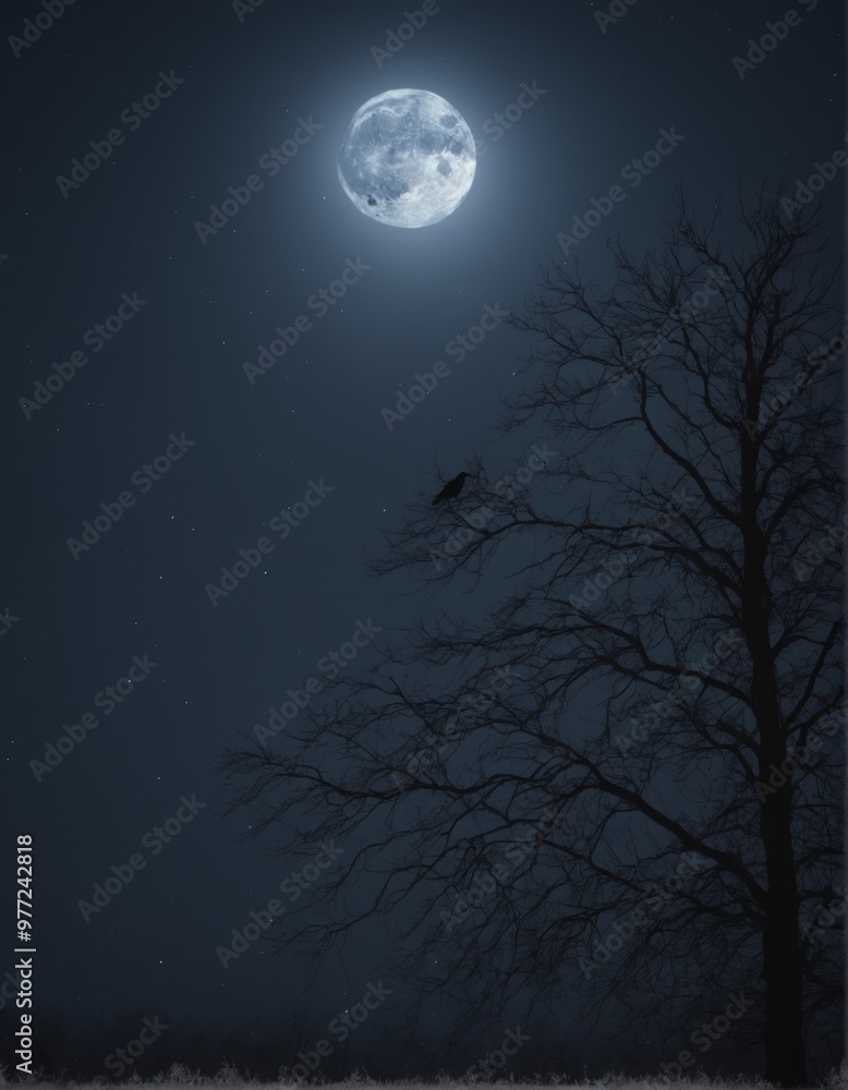 A mysterious raven perched on a bare branch under a full moon in a dark, cloudy sky. This eerie scene is perfect for Halloween-themed backgrounds, evoking feelings of mystery and suspense. A mysterious raven perched on a bare branch under a full moon in a dark, cloudy sky. This eerie scene is perfect for Halloween-themed backgrounds, evoking feelings of mystery and suspense.