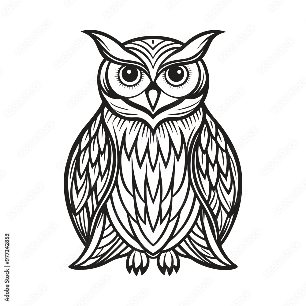 Fototapeta premium A black and white drawing of an owl with a black and white pattern