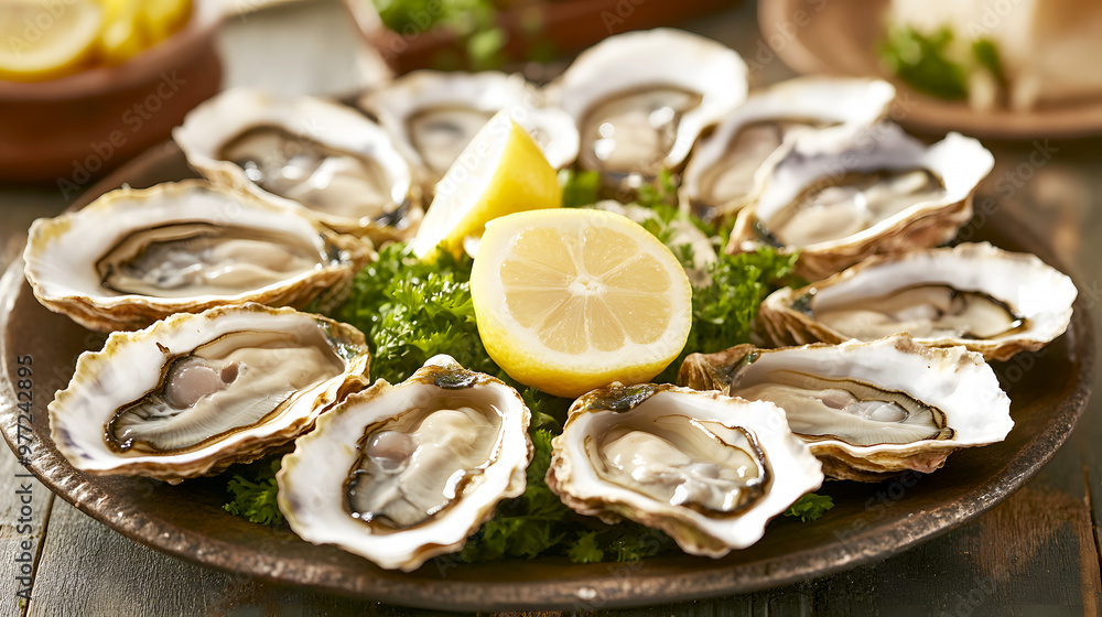 platter of oysters on the half shell, with drops of lemon juice glistening on the smooth shells platter of oysters on the half shell, with drops of lemon juice glistening on the smooth shells