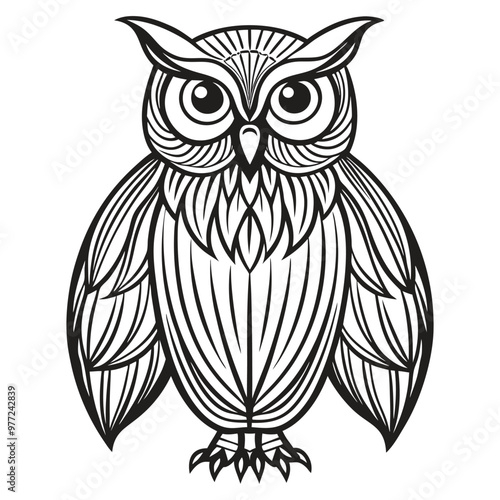 A black and white drawing of an owl with a black and white pattern