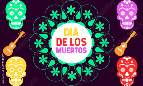 Mexican day of the dead dia de los muertos holiday. Guitars and maracas, calavera skull and sombrero , tropical flowers or candles. Holiday concept template. perfect for background, Greeting Card, Pos