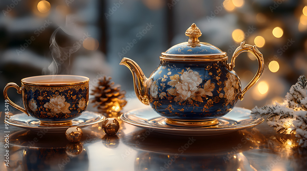 Elegant tea set with floral design, steaming cup, and teapot, surrounded by cozy ambiance and holiday decor. Elegant tea set with floral design, steaming cup, and teapot, surrounded by cozy ambiance and holiday decor.