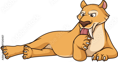 Cartoon saber tooth cat licking paw vector illustration