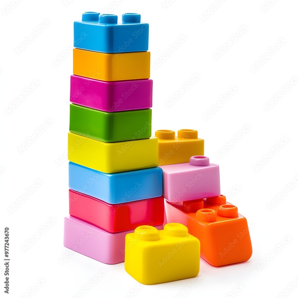 147. A set of colorful toy building blocks isolated on a pristine white background