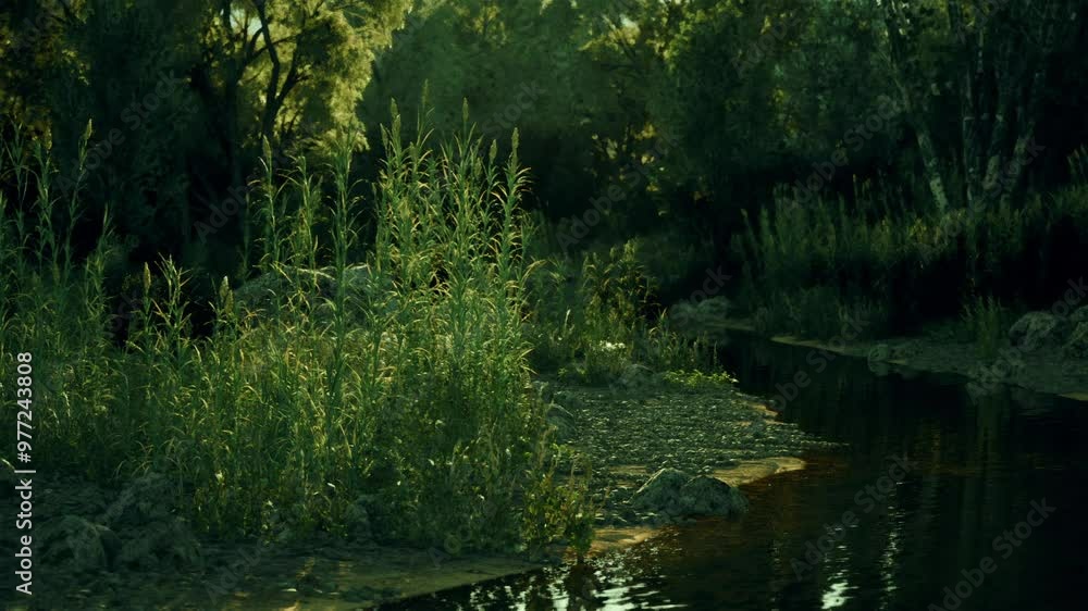 A tranquil riverbank features tall grasses and vibrant green bushes, reflecting the soft glow of sunset on the calm waters, creating a peaceful natural landscape. A tranquil riverbank features tall grasses and vibrant green bushes, reflecting the soft glow of sunset on the calm waters, creating a peaceful natural landscape.
