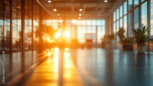 Sunset Rays Through Office Windows Illuminating Wood Floor