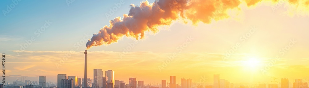 A factory emits smoke as the sun rises over a city skyline, highlighting the contrast between industry and nature. A factory emits smoke as the sun rises over a city skyline, highlighting the contrast between industry and nature.