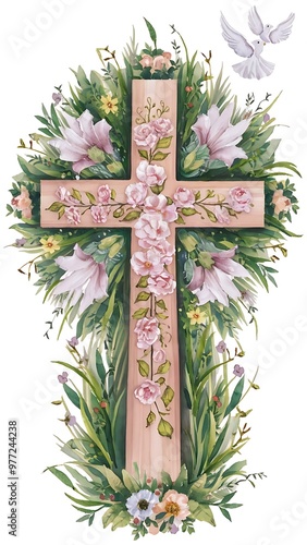 Watercolor Flower Cross, Wood Cross, Baptism, Floral Clipart, Hand Painted First Communion, Holy Spirit, Florals Arrangements, Easter cross
