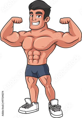 Cartoon muscular man flexing vector illustration