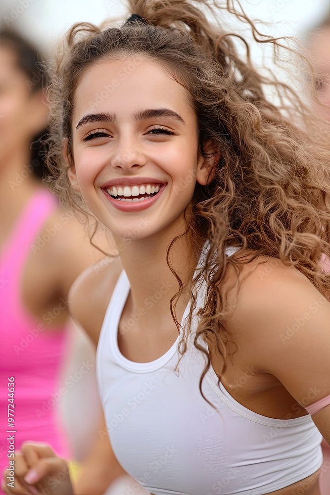 Smiling fitness instructor motivating a group in a cardio circuit, colorful exercise mats and various fitness equipment scattered around Smiling fitness instructor motivating a group in a cardio circuit, colorful exercise mats and various fitness equipment scattered around