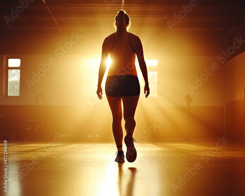 Powerful female trainer leading a high-intensity cardio session, shadows and lights creating a dramatic effect in the gym