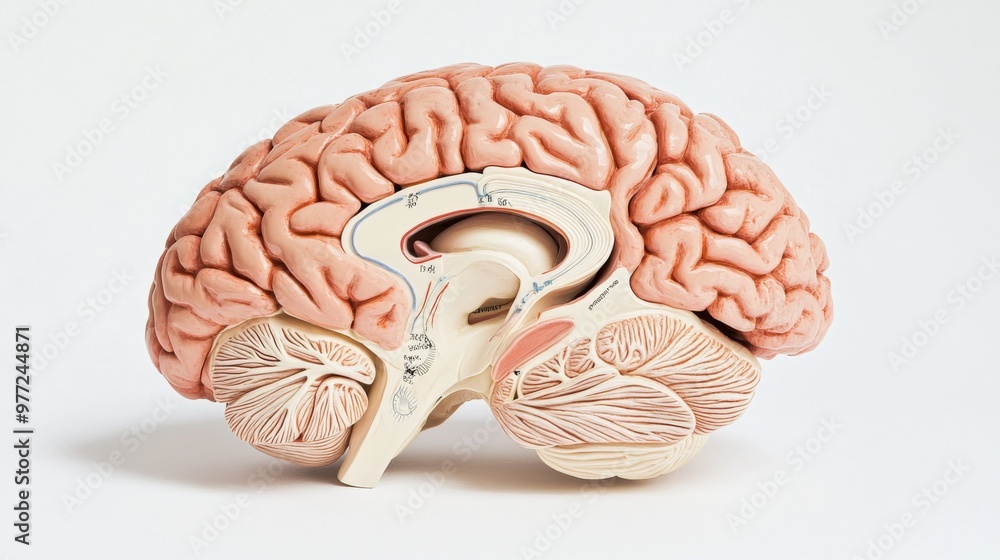 A detailed close-up of a human brain model with clear labeling of the ...