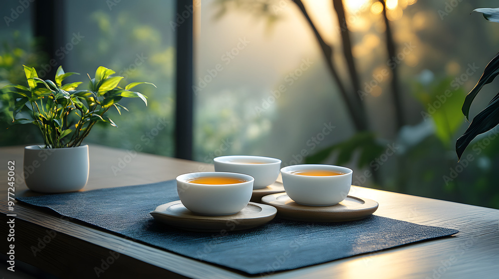 Serene tea setting with three cups and gentle sunlight illuminating a tranquil indoor oasis, perfect for relaxation and mindfulness. Serene tea setting with three cups and gentle sunlight illuminating a tranquil indoor oasis, perfect for relaxation and mindfulness.