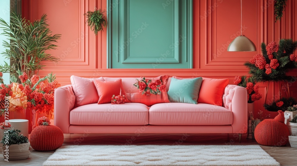 A vibrant living room featuring a pink sofa, colorful cushions, and lush greenery against a charming coral backdrop. A vibrant living room featuring a pink sofa, colorful cushions, and lush greenery against a charming coral backdrop.