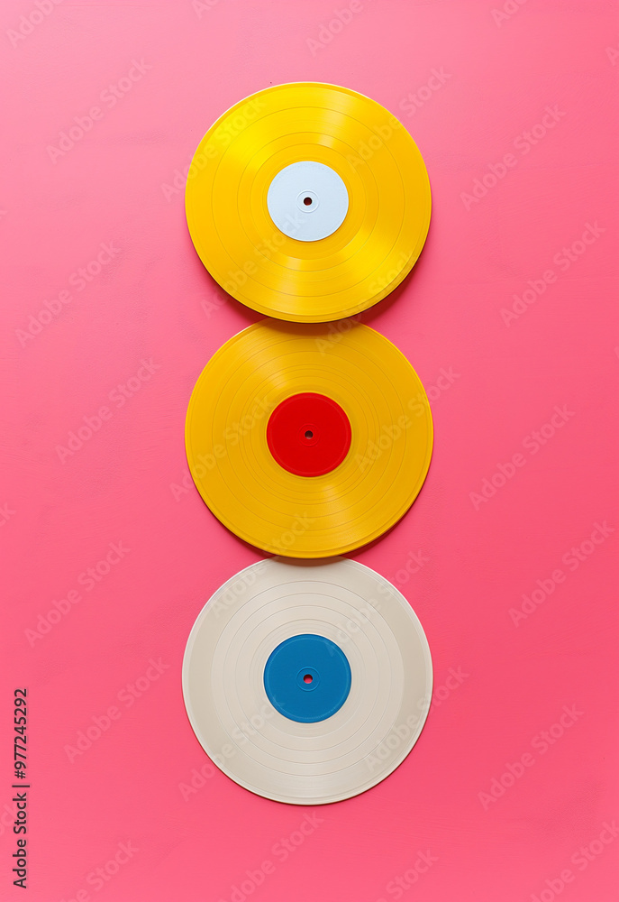 Three vibrant vinyl records on a pink background, with a hand elegantly holding one. Retro-inspired minimalist design with a modern pop aesthetic. Three vibrant vinyl records on a pink background, with a hand elegantly holding one. Retro-inspired minimalist design with a modern pop aesthetic.