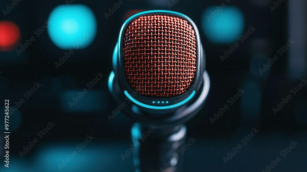 Close-up of a microphone ready for live performance, showcasing its vibrant color and detailed texture in a studio setting. Close-up of a microphone ready for live performance, showcasing its vibrant color and detailed texture in a studio setting.