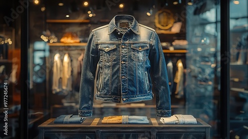 Stylish denim jacket displayed in a trendy boutique, showcasing fashion and elegance in a modern retail environment.